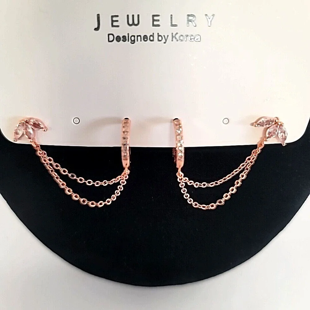 Jewelry Designed By Korea Rose Gold Tone Hoop w/ Chain To CZ‎ Stud Post Earrings